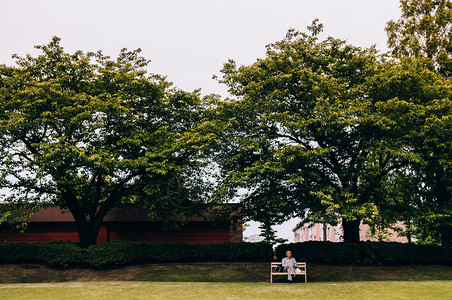 老人坐在大树下的长椅上坐在日本富山市的fuganksui公园里图片