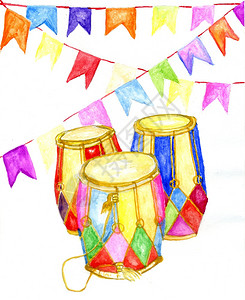 彩色印地安传统鼓旗帜涂在水彩中图片