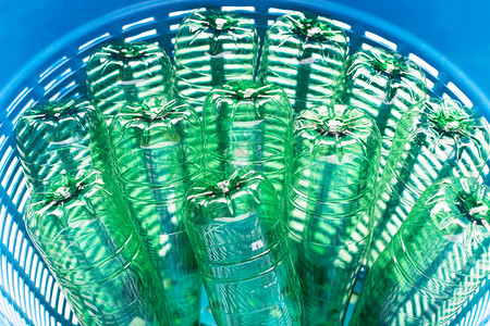 蓝色废物篮中的塑料瓶图片