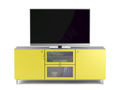 在现代黄色电视柜子上带空白屏幕的tv电视图片