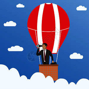 在热气球上拿着望远镜观察的男商人卡通矢量插画图片