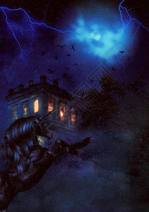 古老的城堡塔和黑独角兽在夜晚3d插图高清图片