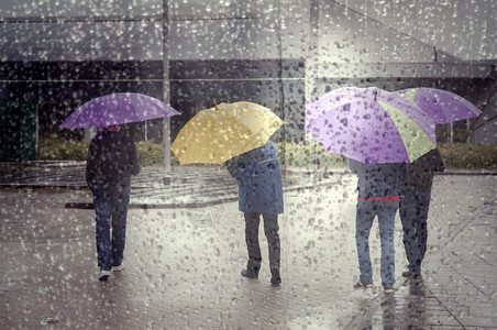 4个人在多彩的雨伞和通过窗口看到满是雨滴的图片