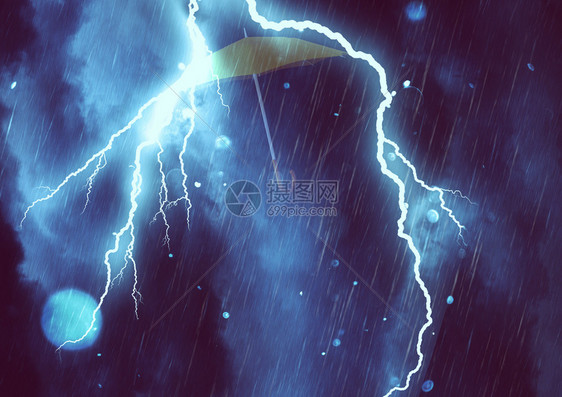 抽象的暴风雨背景和闪电下的伞图片