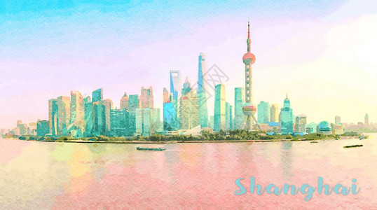 日落时长海市上天线方的宽屏幕全景彩色画日落时上海市天线水彩色画图片