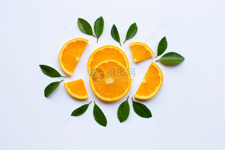 高维生素c新鲜橙色柑橘水果切片白底叶图片