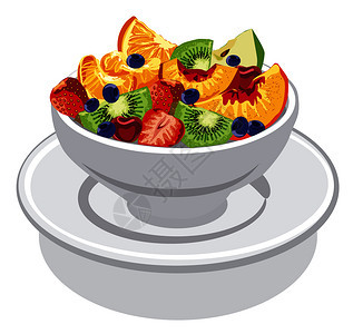 新鲜水果沙拉插图配有桃子苹果草莓椰子和樱桃的碗图片