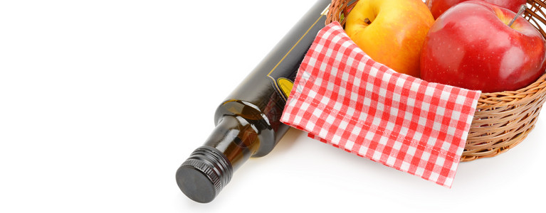 瓶子和成熟苹果中的醋孤立在白色背景上空闲的文本间宽度照片图片