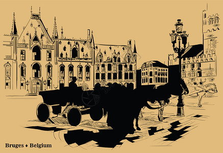 中世纪城市野兽马匹车和灯笼在野兽的市场广上地标角图片