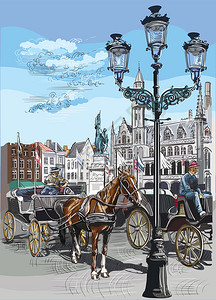 中世纪城市野兽马匹车和灯具在市场广的野兽色彩多的矢量雕刻图示图片