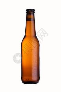 棕褐色玻璃杯啤酒瓶黑色帽子白底和露隔离在白色背景上图片