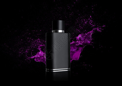 黑色液化香水瓶漆喷洒在黑色背景上反射和紫色喷洒图片