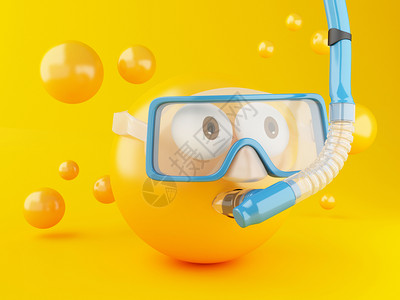 3d插图带有潜水的emoji潜水面具和层社交媒体和夏季概念图片