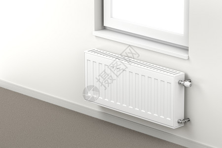 窗下安装的房间中央供暖气散热器高清图片