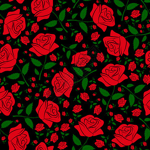黑色背景的红玫瑰无缝花朵模式图片