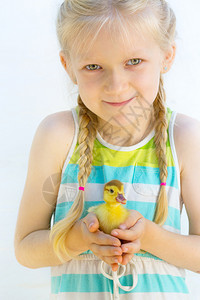 笑的小女孩抱着一只小鸭子图片