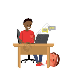 非洲美青少年与笔记本电脑通信以白色背景孤立Carton矢量插图青少年与笔记本电脑通信图片