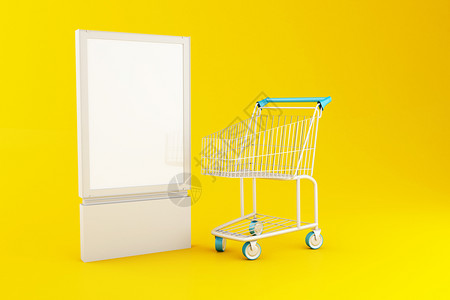 超市公告素材3d说明黄色背景的空白招牌和购物车商店销售概念背景