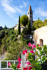 高塔和花朵的风景在著名小镇前台意大利图片