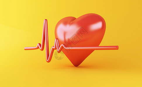 3d示例心脏和跳脉搏线黄色背景健康医学概念图片