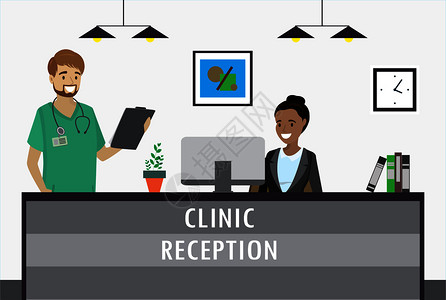 坐在诊所接待台的年轻非洲女和微笑的causin男医生漫画平方矢量图坐在诊所接待台和微笑的causin男图片