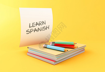 3d插图藏有丰富多彩的书籍铅笔和纸页并附有关于黄色背景的西班牙文教材育概念背景图片