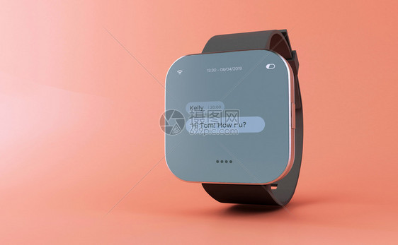 3d插图智能手表和粉红色背景的聊天界面技术概念图片