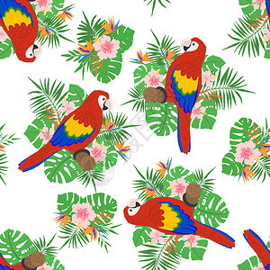 热带无缝模式包括外来叶花卉和鹦鹉织物纺品壁纸剪布或其他设计要素矢量说明热带叶花卉和鹦鹉无缝模式图片