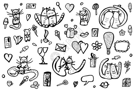 涂满可爱的情符号猫和人节天体矢量图解图片