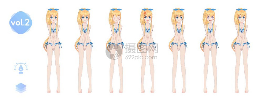 animegirl以日本风格写成的卡通人物在夏季比基尼泳衣