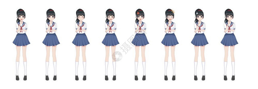 animeg女孩以日本风格的卡通人物穿水手西装的学校女孩蓝色裙子情绪图片