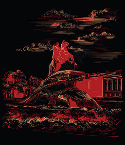 俄罗斯皇帝纪念碑的城市景象彼得参议院广场上的伟大人物圣彼得斯堡俄国铜制马人纪念碑和元老院的景象孤立矢量画图黑色背景的红图片