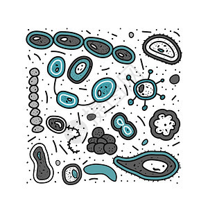 细菌胞集微生物矢量涂鸦风格方形组成图片