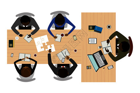 业务流程和团队工作桌面视图四位经理和老板在室内四位经理和老板在室内卡通矢量说明图片