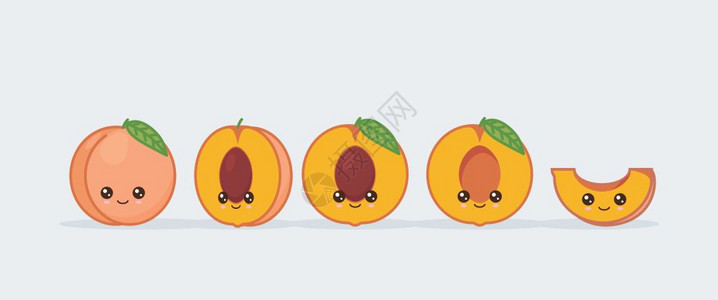 卡通水果桃子桃子可爱的Kawi吉祥物一套有趣的Kawi在切口中提取水果背景