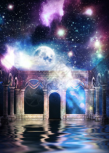 星系纹理和满月的神秘古老大厅3D演示此图像的元素由NAS提供图片