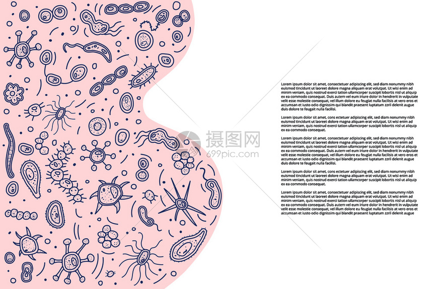 用于收集微生物的横幅模板用于小册子和卡片的矢量涂鸦样式构成图片