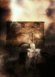 数字化的中世纪堡垒在雾中和勇敢的骑士3d插图背景图片
