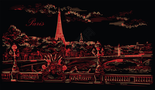 eifl塔parisfnce的矢量图解巴黎的里程碑城市风景与eifl塔和pontalexndri显示sen河堤矢量图解以黑色背景图片