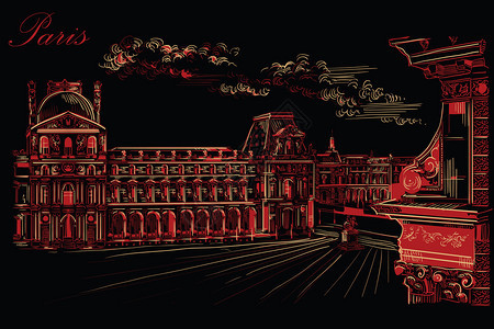 louvre博物馆parisfnce的矢量图解pais城市景观与louvre博物馆的里程碑矢量图解用黑色背景上孤立的红色图解图片
