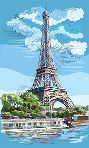 彩色矢量图解eifl塔巴黎的地标francie城市风景与eifl塔观看sein河堤彩色矢量图解图片