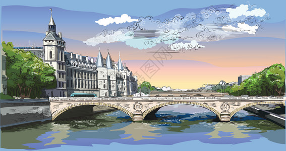 色彩多的矢量图解门卫的城堡巴黎地标法兰西全景城市色门卫的多彩矢量图解图片