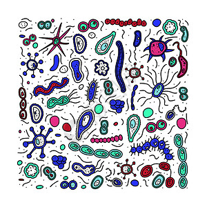 细菌胞收集微生物形状矢量涂鸦风格成分背景图片