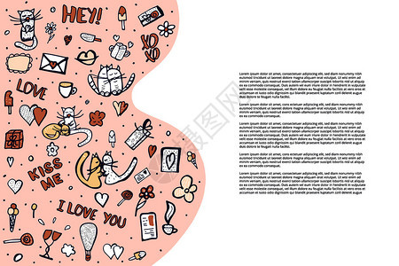 标语横幅模板上面印有涂鸦可爱的情符号和字猫情人节天体引号矢量插图图片