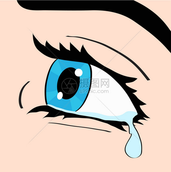 蓝色眼睛和泪紧闭一个女人哭泣流行艺术漫画风格反向矢量插图手画图片