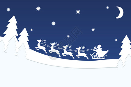雪橇圣诞夜林蓝星天空横幅鱼群矢量插图背景