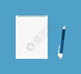 蓝背景的笔记本和空纸粗体工作空间教育概念eps10笔记本和蓝背景的笔空纸图片