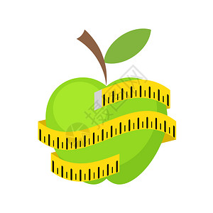 配有绿苹果和黄测量带鱼矢说明的饮食概念海报图片
