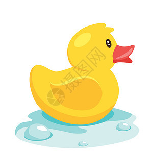 蓝色水中的黄可爱卡通漫画橡胶浴鸭矢量插图图片