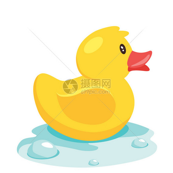 蓝色水中的黄可爱卡通漫画橡胶浴鸭矢量插图图片